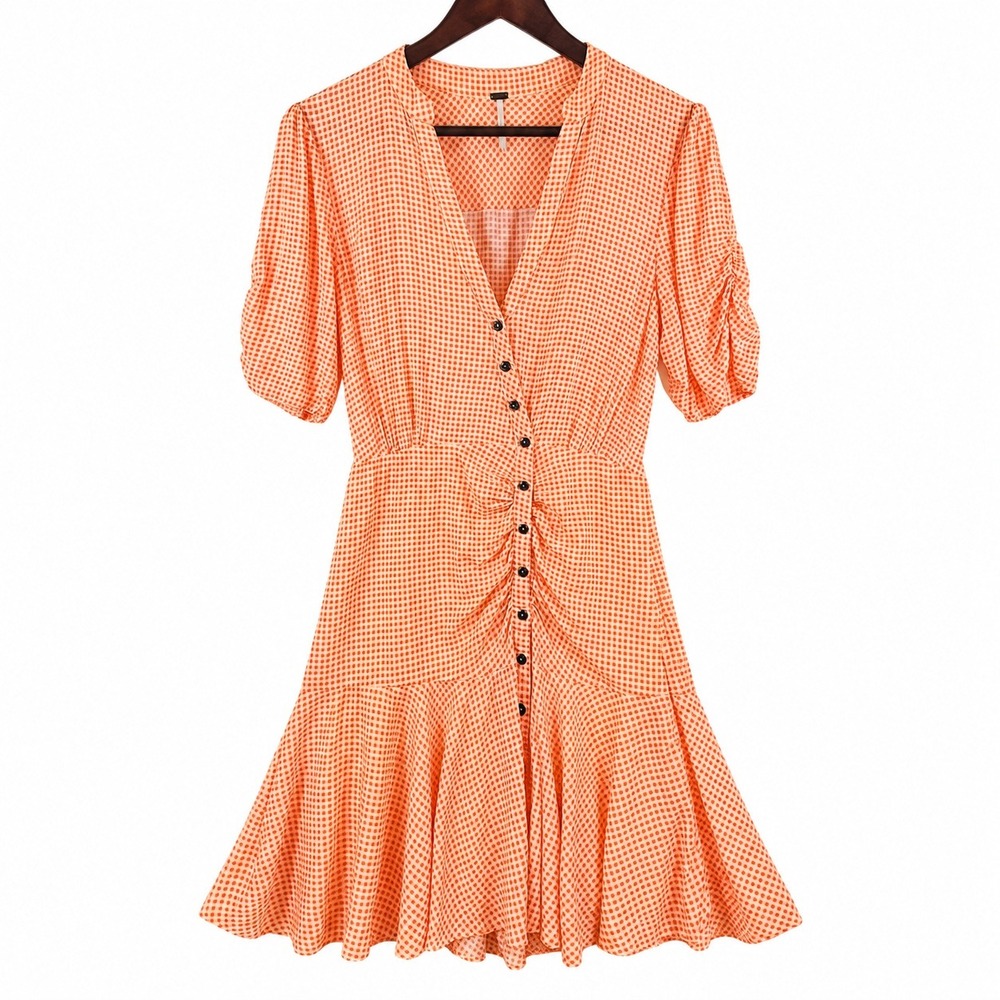 Free People Mini Dress M Orange Gingham Fit Flare Ruffle Ruched Boho Cottagecore